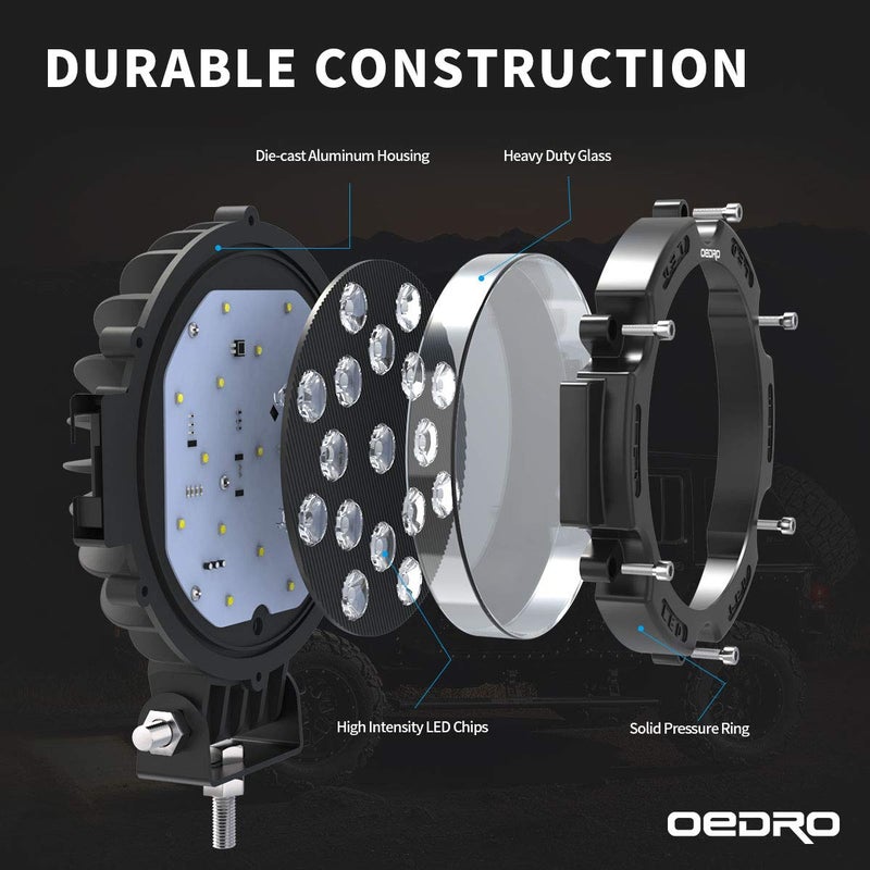 OEDRO 7 Inch 51W Round LED Offroad Lights, 5100LM Spot Driving Light Pod Bumper Roof Fog Light Fit for Boat, Jeep, ATV, SUV, Truck, Hunter, Motorcycle - Image 3